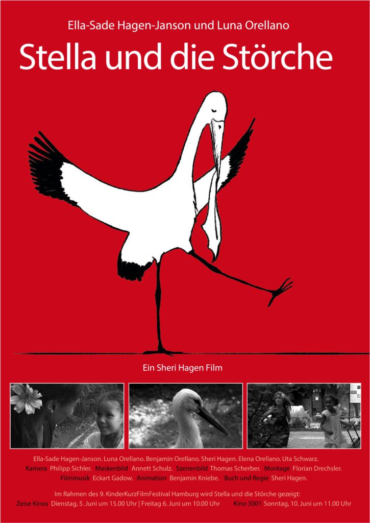 Ein für Kinder gemalter, tänzelnder, weißer Storch, mit schwarzem Gefieder, mittig gesetzt auf rotem Hintergrund. Darüber in weißer Schrift der Filmtitel: Stella und die Störche.